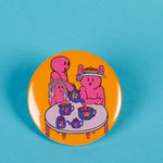 Yellow Tea Time Art Pin Button By Danica Daydreams On A Blue Background