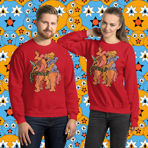 Slithering Surprise. Buy this red soft and comfy crewneck sweatshirt featuring original artwork from Danica Daydreams.